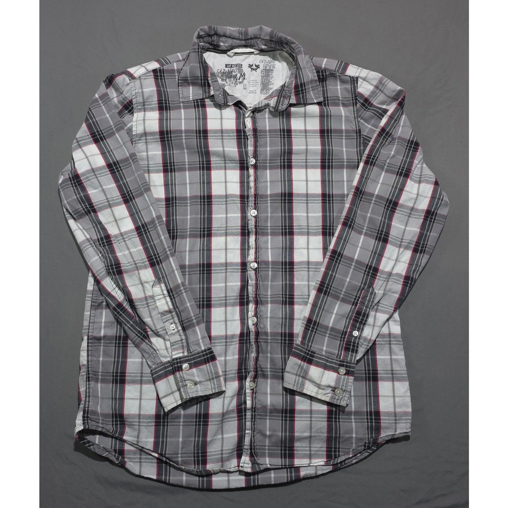 Old Navy Men's Large 100% Cotton Plaid Button Up Shirt Gray Red White